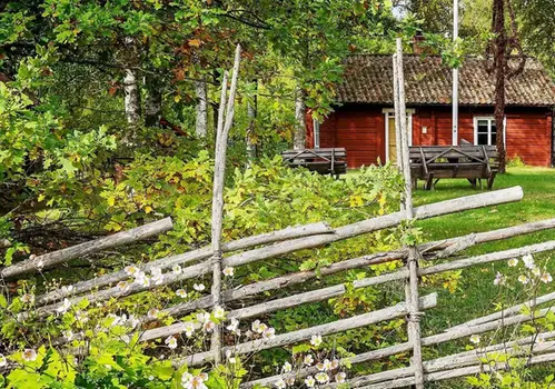 Gård med kvinna på gårdsplanen, blommor i förgrunden